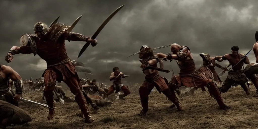 Image similar to epic battle screen of hero, film still from the movie'3 0 0'( 2 0 0 6 ), 3 d, 8 k realistic, cryengine, playstion 5 screen, cinematic lighting