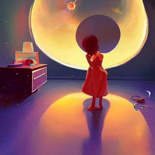 Prompt: a child goddess creating a universe in her room at night. Digital art By Krzysztof Maziarz. RHADS. Repin