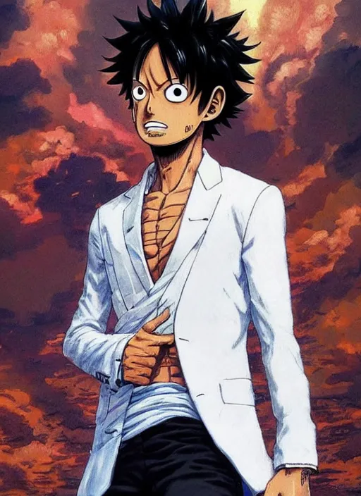 Image similar to Luffy wearing a white suit, candid shot, intricate, extremely detailed painting by Henry Justice Ford and by Greg Rutkowski and by Moebius, golden hour