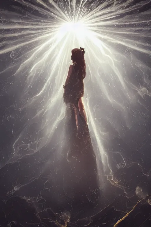 Image similar to a young girl with long black hair and chequered!! robe!! is watching a storm inside a symmetrical fantasy crystal. atmospheric, 4 k, highly detailed. surrounded by golden rays of light