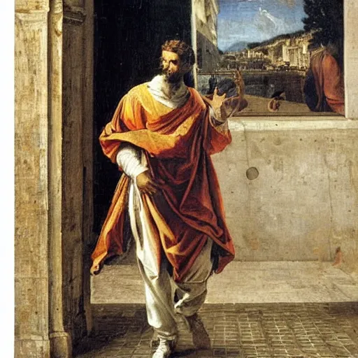 Image similar to guy with white hoodie walking in the music in genoa. painting by veronese