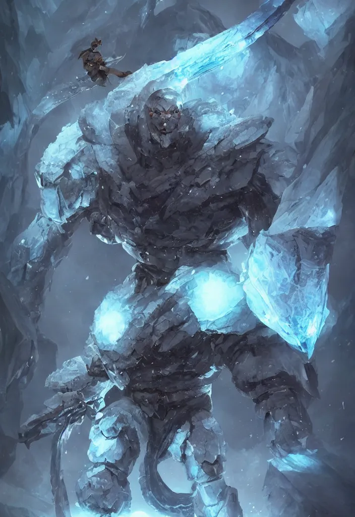 Prompt: an ice giant made of ice and crystal from dungeon and dragons character, armor made of ice, muscles, concept art in style of Greg Rutkowski, ultracrisp, high contrast lighting, John Singer Sargant, painted by Frank Frazetta, trending on artstation!!