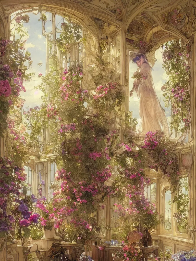 Image similar to a beautifull intricate watercolour painting of a victorian room with many flowers, reflexions, verry high details by william turner art, greg rutkowski and alphonse mucha, trending on artstation, very very detailed, masterpiece, golden hour lighting, wide lens,