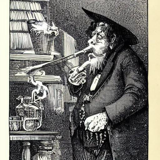 Image similar to a wizard smoking a pipe, high detail, 1 9 th century illustration by john tenniel