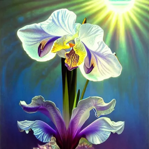 Image similar to detailed giant white holographic orchid iris hybrid flower, lsd water, lsd ripples, droplets, backlit, sunset, refracted lighting, art by collier, albert aublet, krenz cushart, artem demura, alphonse mucha