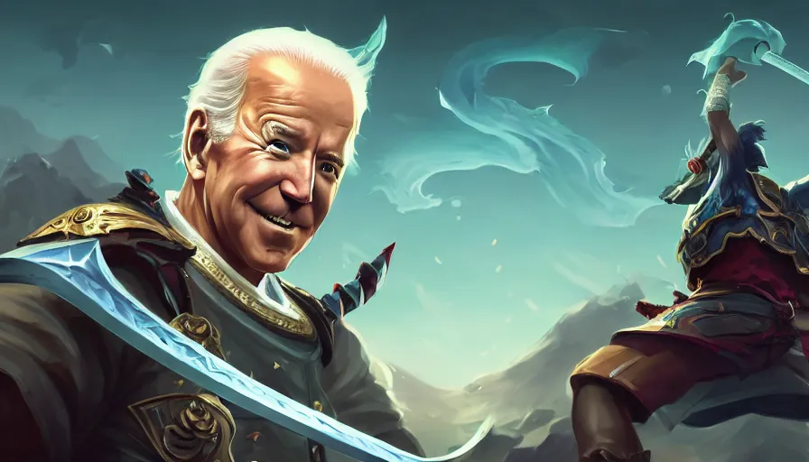 Image similar to portrait of joe biden alone as a samurai, league of legends champion splash art, photorealistic facial features, right side composition, art by pete mohrbacher and guweiz and ilya kuvshinov, highly detailed, intricate, sharp focus, unreal engine 5, 4 k uhd