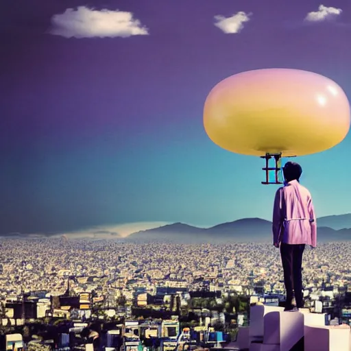 Image similar to a man walking on clouds away from the camera above kyoto by takashi murakami, beeple and james jean, aya takano color style, 4 k, super detailed, modern, 4 k, symmetrical