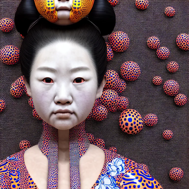 Image similar to hyperrealistic detailed image of a geisha in a art installation room, hd smooth interior by yayoi kusama, part by kei mieno, part by ross tran, dark art by james jean, ultra realistic, highly detailed, life like face, detailed body, 8 k, 3 d render by roger magrini, very cohesive, masterpiece