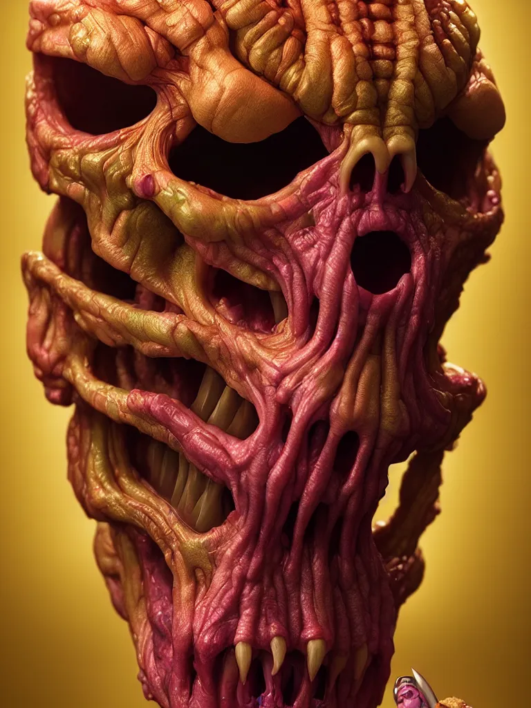 Image similar to hyperrealistic rendering, cronenberg flesh monster skeletor face by donato giancola and greg rutkowski and wayne barlow and zdzisław beksinski, product photography, action figure, sofubi, studio lighting, colored gels