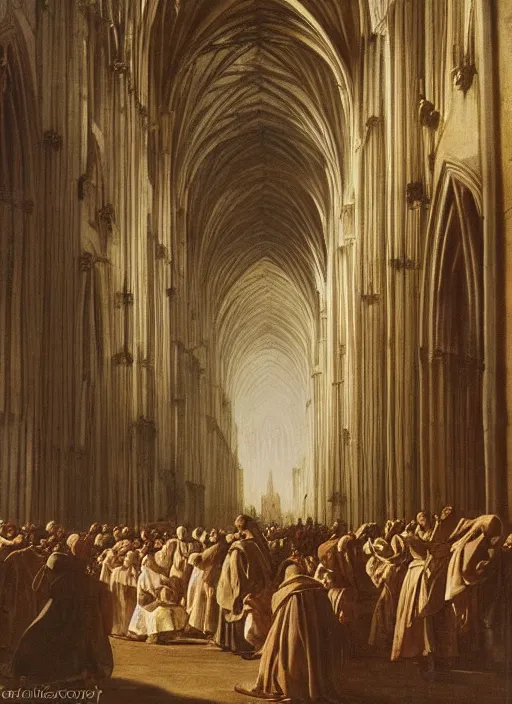 Prompt: elisabeth louise vigee - le brun painting of large crowd of medieval monks in giant in a gothic cathedral interior raising new magical glowing spirit, at dusk sun lit light, old master painting with stunning lighting and details photoreal dusk sun lit light,