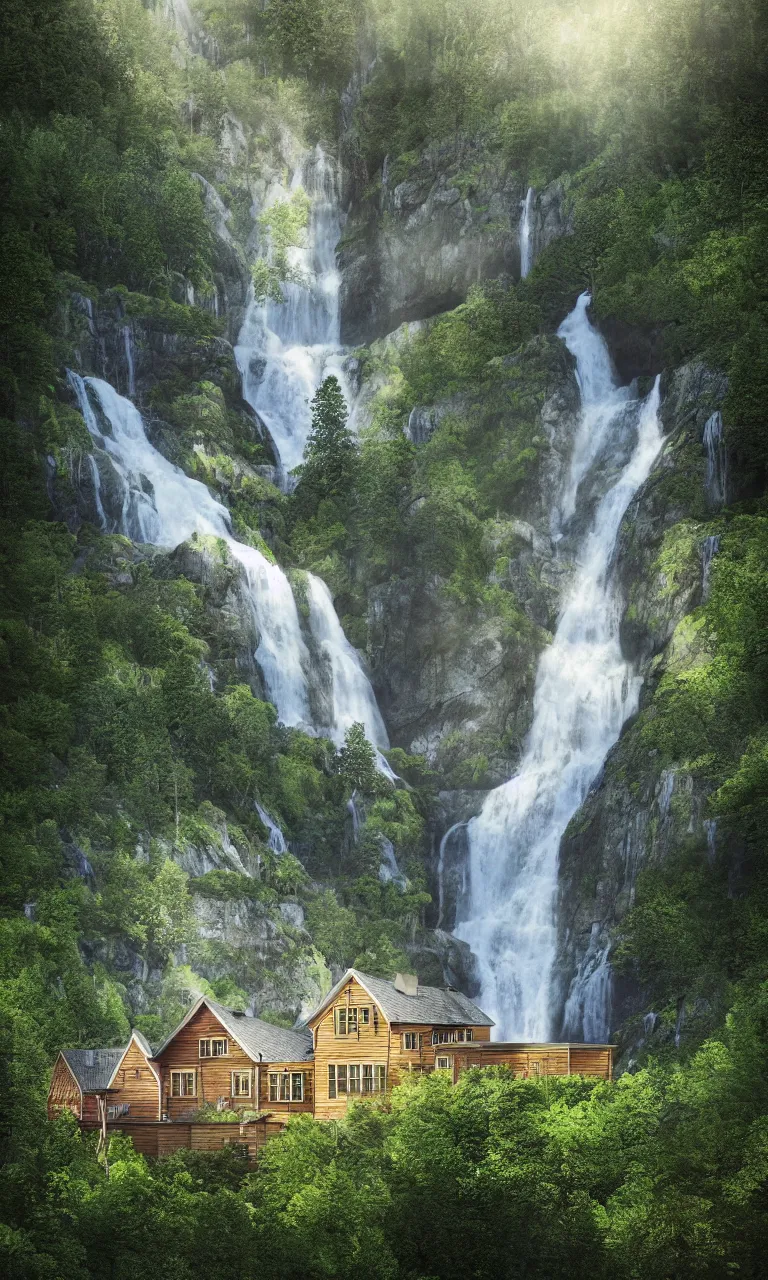 Image similar to beautiful large scandinavian house in the forest on a hill, a large waterfall flows down from the mountain in the background, vector art, fabulous, random cinematic view, no noise, global illumination, warm lighting, volumetric, by jordan grimmer