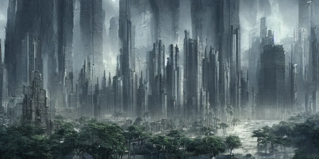 Image similar to city and temples, but with trees and water, arab architectural and brutalism and gigantism, composition idea concept art for movies, style of denis villeneuve and greg fraiser