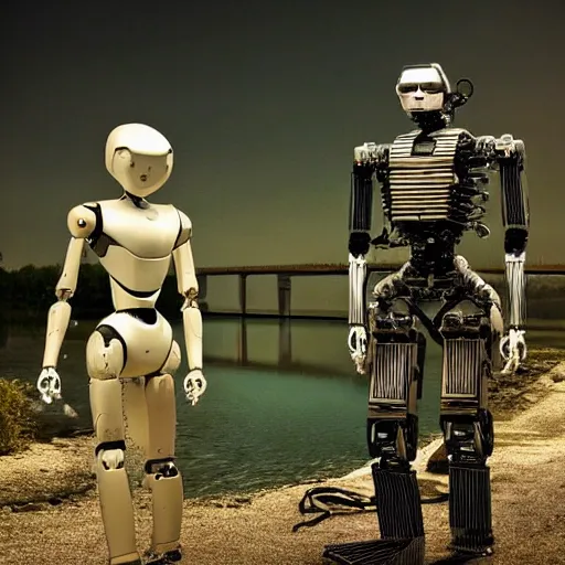 Image similar to Beautiful cinematic scene of a couple of two damaged and broken humanoid robots standing near a river, at night, peaceful, science fiction, cinematic lighting, insanely detailed, directed by Denis Villeneuve and Wes Anderson, filmic