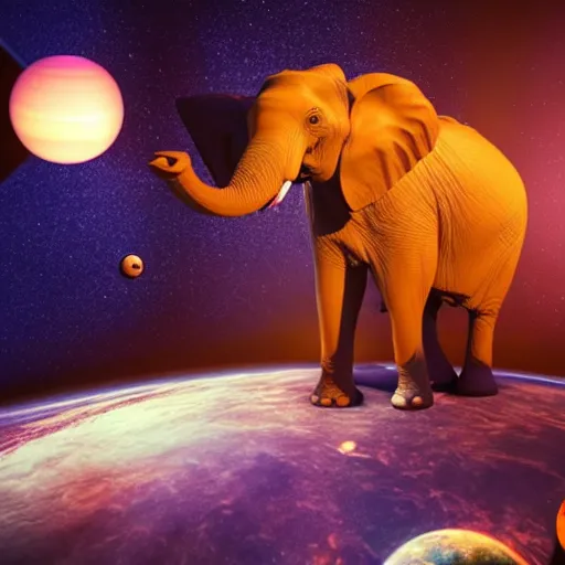 Prompt: a hyperrealistic 3D octane render of an elephant playing piano in a planetarium with planets and galaxies, trending on artstation, photorealism, 8k, 4K, dramatic lighting, glowing, volumetric lighting, ray tracing, unreal engine