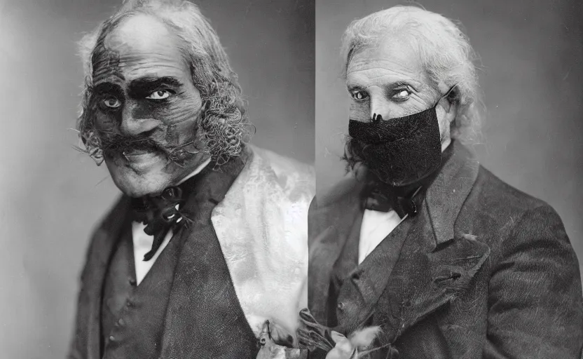 Image similar to a burly man in a gentleman's dress. he has long gray hair and a silver mask on his face. the mask has beautiful patterns. he wears white gloves and holds a walking stick inlaid with ruby.