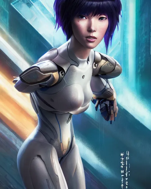 Image similar to weta disney pixar movie still portrait photo of motoko kusanagi ghost in the shell : : as cyborg woman by pixar : : by weta, wlop, ilya kuvshinov, rossdraws, artgerm, marvel, maxim cover, latex, octane render, sweaty, iridescent, bright morning, anime, liosh, mucha : :