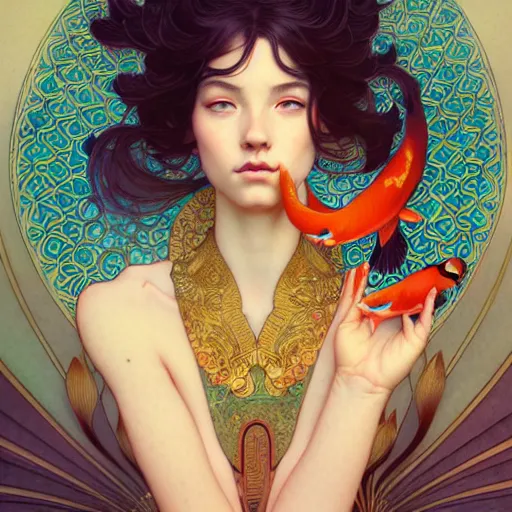 Image similar to Portrait of a girl surrounded by Koi fish, face, fantasy, intricate, elegant, highly detailed, digital painting, artstation, concept art, smooth, sharp focus, illustration, art by Loish and greg rutkowski and alphonse mucha