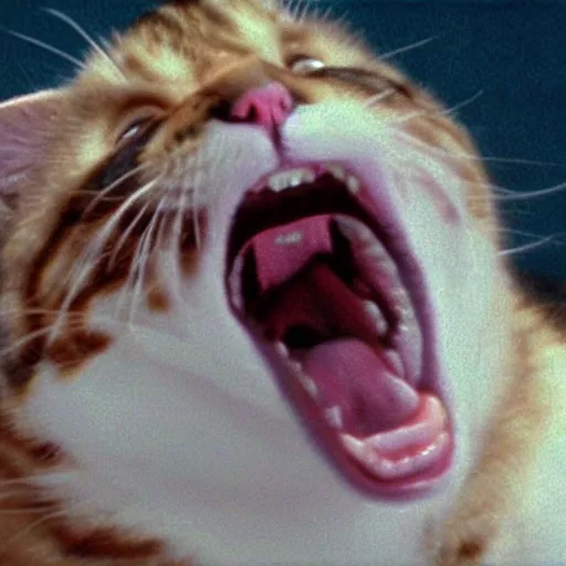 Image similar to screaming cat wide open mouth reaction image, movie still