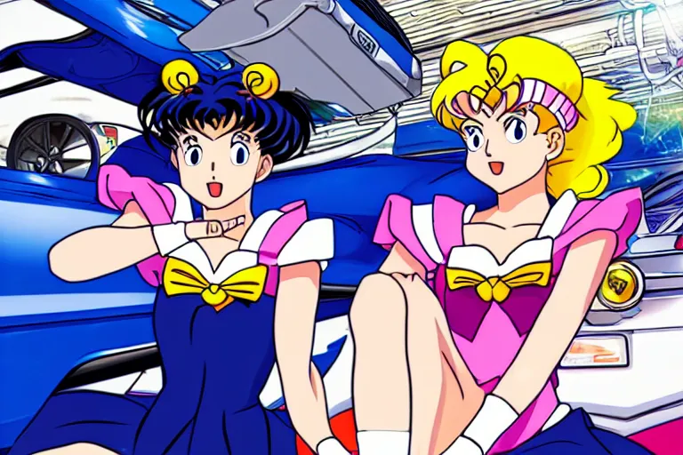 Prompt: sailor moon under your car stealing a catalytic converter