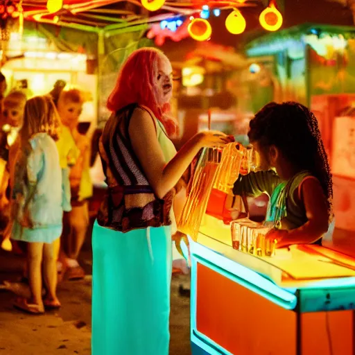 Image similar to cinematic photo of a beautiful albino frog woman lit with split colour turquoise and orange lighting buying lemonade from a childrens lemonade stand in suburbia