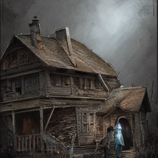 Image similar to two husbands leave each other inside broken wooden house, detailed intricate ink illustration, dark atmosphere, detailed illustration, hd, 4k, digital art, overdetailed art, concept art, by greg rutkowski, by loish, complementing colors, Trending on artstation, deviantart