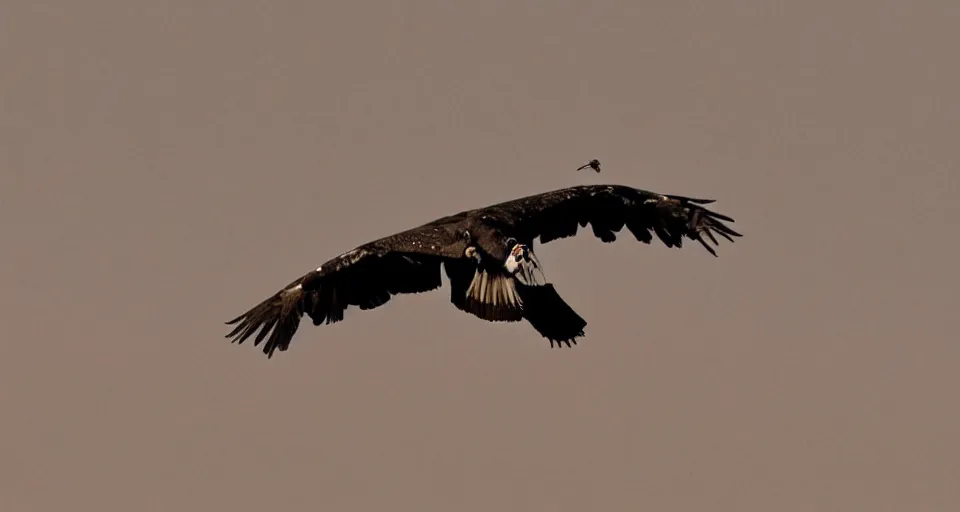 Prompt: a vulture flying over an empty desert