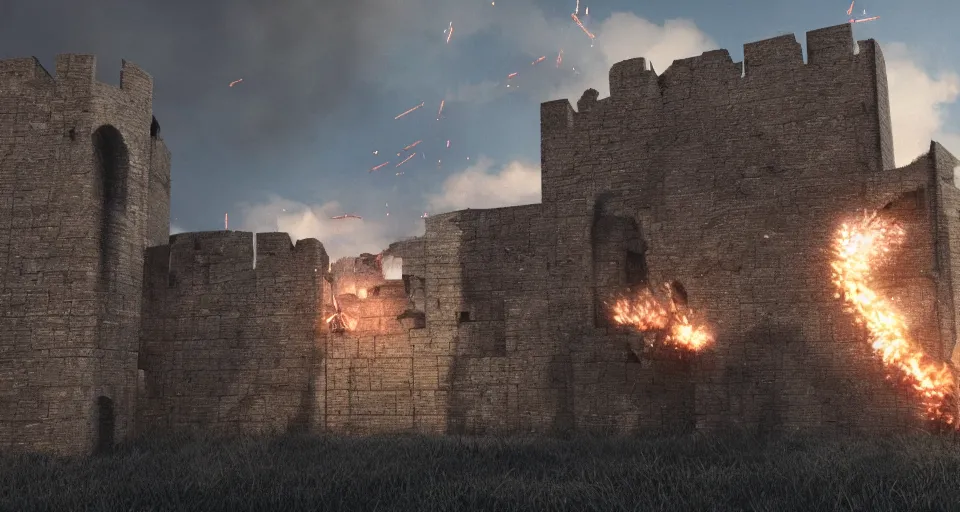 Prompt: tribuchets fireing on a medieval fortress, destroying the walls, fire and explosion, debris flying around, octane render, unreal engine