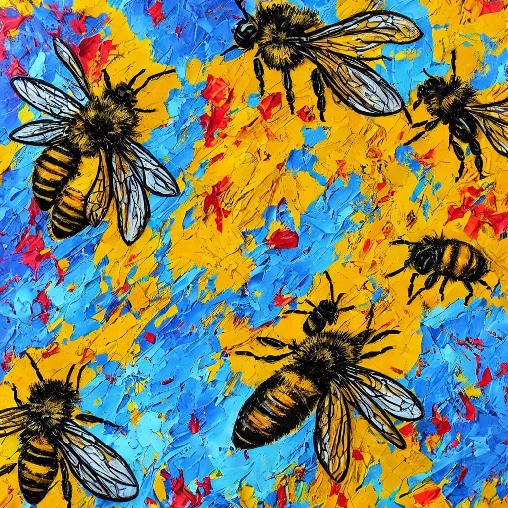 Prompt: large different coloured comic bees painted in 2 inch thick!!! impasto shiny dripping oil paint