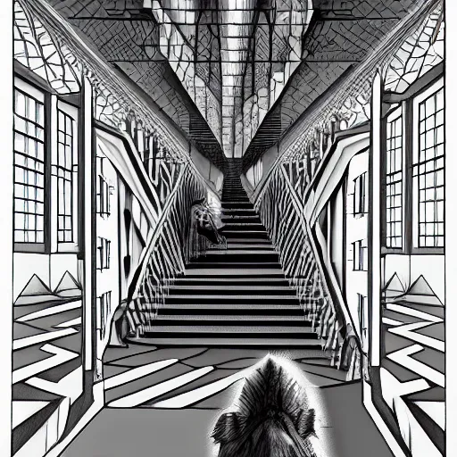 Image similar to a giant wolf in a huge bright maze of many doorways and lots of stairs, many doorways, inside MC Escher architecture, artstation, Junji Ito, epic composition