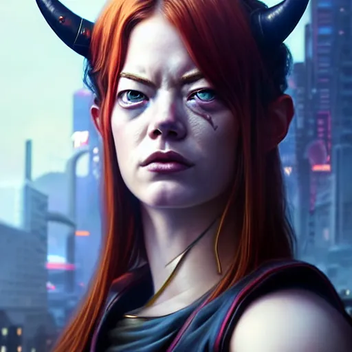 Prompt: portrait painting of a cyberpunk street samurai muscular emma stone with two big broken horns on her head, ultra realistic, concept art, intricate details, eerie, highly detailed, photorealistic, octane render, 8 k, unreal engine. art by artgerm and greg rutkowski and charlie bowater and magali villeneuve and alphonse mucha