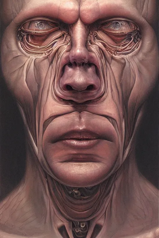 Image similar to beautiful clean oil painting biomechanical portrait of man face by wayne barlowe, complex, stunning, realistic, skin color