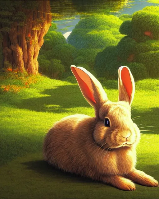 Prompt: a rabbit bear, sitting in tokyo, unique, sunny day, highly detailed, masterpiece, award winning, realistic, art by thomas cole and studio ghibli