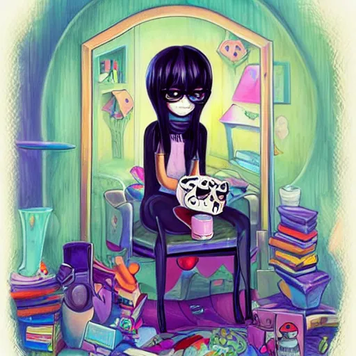 Image similar to lonely goth nerd sitting in cluttered room alone, by jeremiah ketner, aesthetic!!!, detailed, realistic, hyper realism, small details, goth aesthetic,