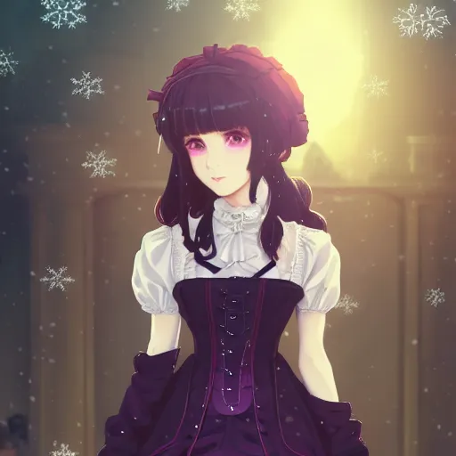 Image similar to wearing full clothing in full clothing victorian dress, beautiful anime woman, purple hair, red eyes, weapon, steampunk, symmetrical face, symmetrical eyes, full round face, short smile, detailed, winter setting, cinematic lighting, medium shot, mid - shot, makoto shinkai, artgerm, ilya kuvshinov, loish