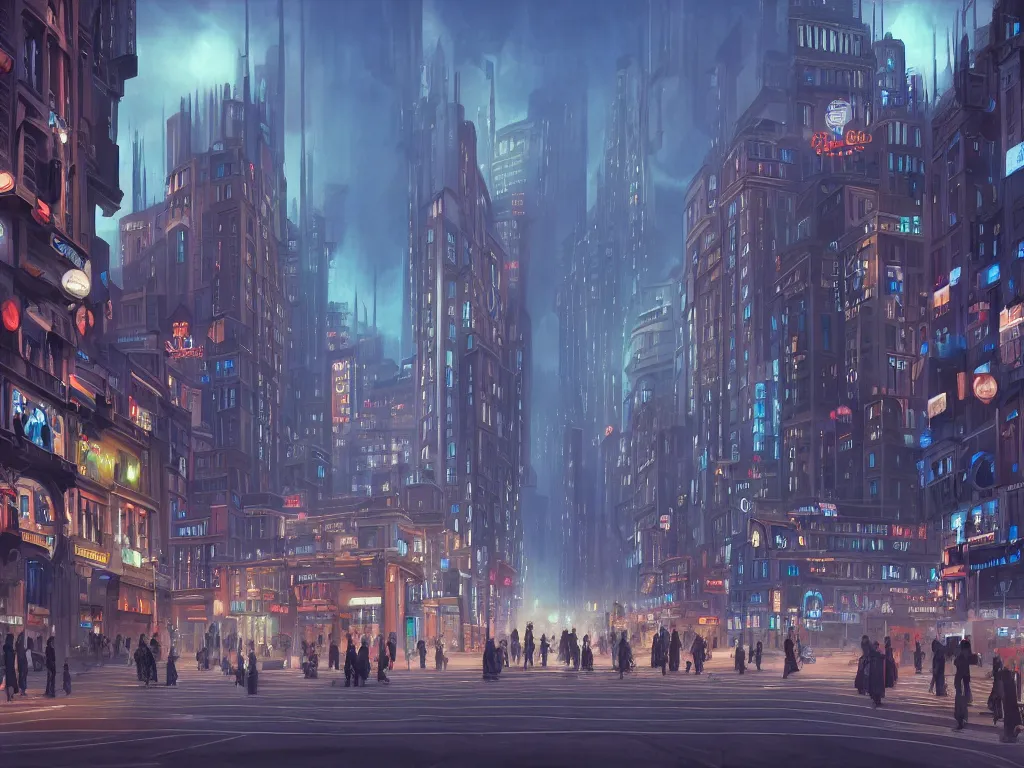 Prompt: beautiful matte painting of a busy city street with complex buildings, vivid lights, art deco, street view, futuristic, technological lights, screens, ads, fine detail, cinematic lighting, concept art, blue color scheme, hd wallpaper, hd display, by hugh ferris