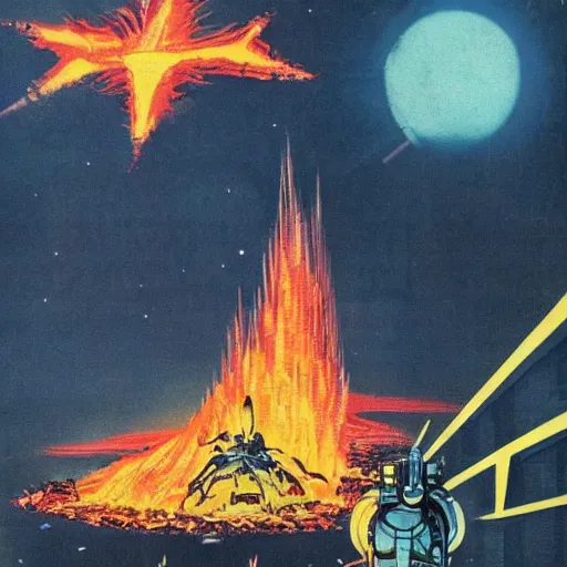 Image similar to giant robot smashing future city in flames, 1 9 6 0 s vintage sci - fi art, by jack gaughan