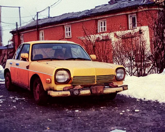 Image similar to a lomographic photo of old lada 2 1 0 7 standing in typical soviet yard in small town, hrushevka on background, cinestill, bokeh