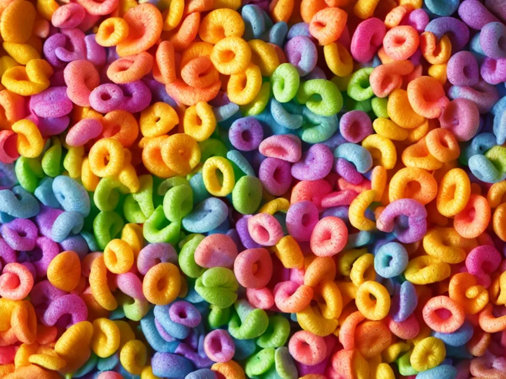 Image similar to bowl of fruit loops in milk, high realism, crunchy, glossy, high detail, stylized, pixar, substance painter, octane render