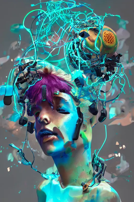 Prompt: epic 3 d abstract 🇵🇷 laptop hacker, spinning hands and feet, 1 6 mm, plum and teal peanut butter melting smoothly into asymmetrical mushrooms, fig leaves and smartphones, thick wires looping, wavy, kinetic, floating headsets, houdini sidefx, deviantart, by jeremy mann, ilya kuvshinov, jamie hewlett and ayami kojima