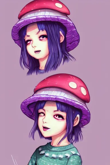 Image similar to a little girl wearing a mushroom hat in 9 0 s outfit | | purple curvy hair, pretty face, fine details, digial art by lois van baarle and sakimichan, anatomically correct, perfect composition, symmetrical, fantastic, clean details, anime character, extremely detailed, ray tracing