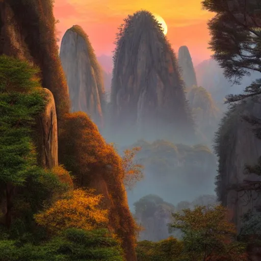 Image similar to huangshan with levitating stones in zero gravity, no trees, ancient redwood forest, taoist temples and monks, artwork by ansel adams, andreas rocha, artstation, scifi, hd, wide angle, viewed from within a stone grotto, autumnal, sunset