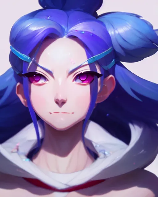 Image similar to jinx from league of legends, blue pigtails hair, detailed perfect face, exquisite details, fire magic, mid view, design on a white background, by studio muti, greg rutkowski makoto shinkai takashi takeuch studio ghibli