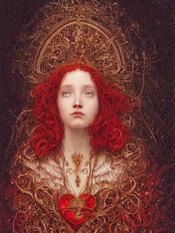 Prompt: a beautiful render of a baroque catholic veiled red queen with symmetry intricate detailed heart sculpture,by LEdmund Leighton, peter gric,aaron horkey,Billelis,trending on pinterest,hyperreal,jewelry,gold,intricate,maximalist,glittering,golden ratio,cinematic lighting