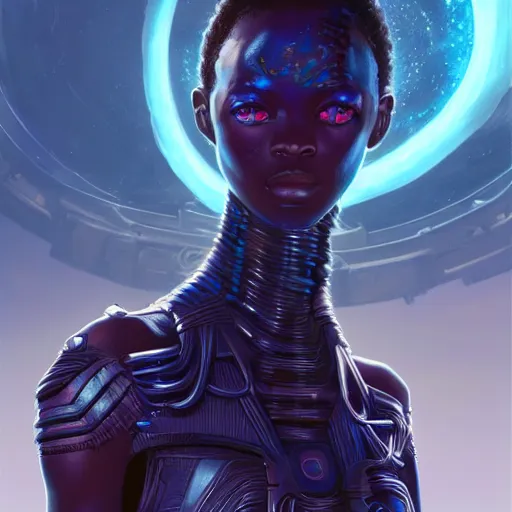 Image similar to african biopunk bounty hunter, science fiction, highly detailed, digital painting, beautiful eyes, symmetry, concept art, sharp focus, illustration, global illumination, radiant light, synthwave colors, detailed and intricate environment, art by artgerm and greg rutkowski and magali villeneuve and ilya kuvshinov!