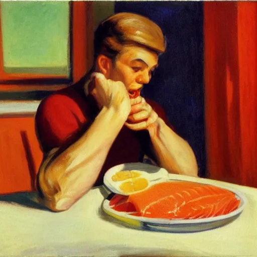 Image similar to an attractive man wearing a hair clip in red silky shorts eating salmon by Edward Hopper