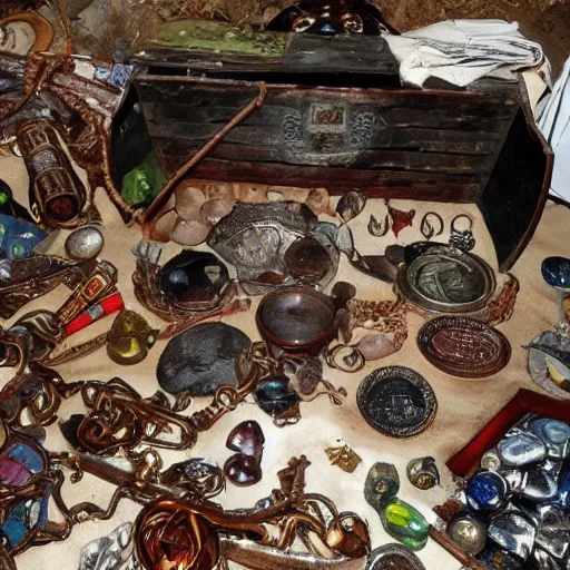 Image similar to a pirate's treasure hoard, hidden in a cave