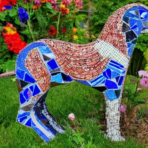 Image similar to mosaic sculpture of a chimera!!!, irregularly shaped mosaic tiles, hand glazed pottery shards, in the style of folk art, in a cottagecore flower garden