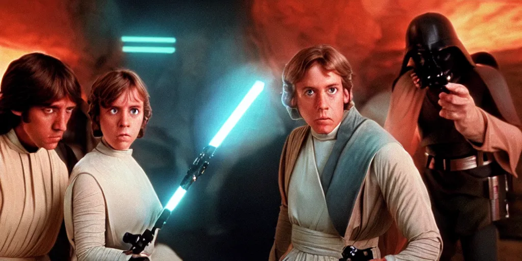 Prompt: screenshot of Luke Skywalker teaching Princess Leia the force, the two people are in a lost jedi Temple, 1970s sci fi film by Stanely Kubrick film, color kodak, Ektachrome, anamorphic lenses, detailed faces, hyper-realistic, photoreal, detailed portrait, moody cinematography, strange lighting