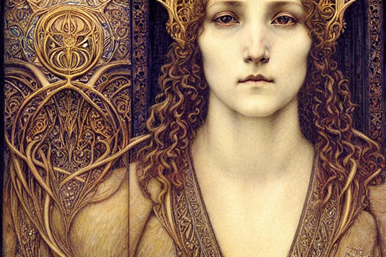 Image similar to detailed realistic beautiful young medieval queen face portrait by jean delville, gustave dore and marco mazzoni, art nouveau, symbolist, visionary, gothic, pre - raphaelite. horizontal symmetry