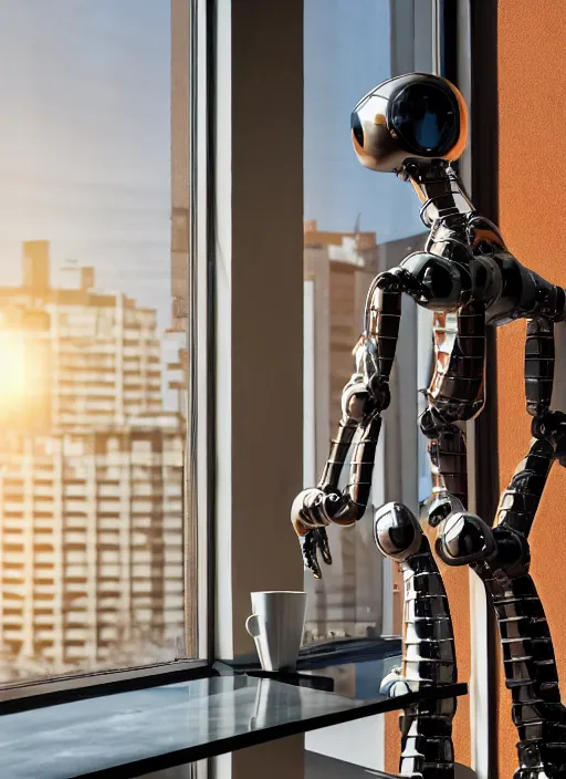 Image similar to Industrial style humanoid robot wearing human clothes, drinking a cup of coffee, standing in front of his apartment window looking outside, global illumination, radiant light, detailed and intricate environment